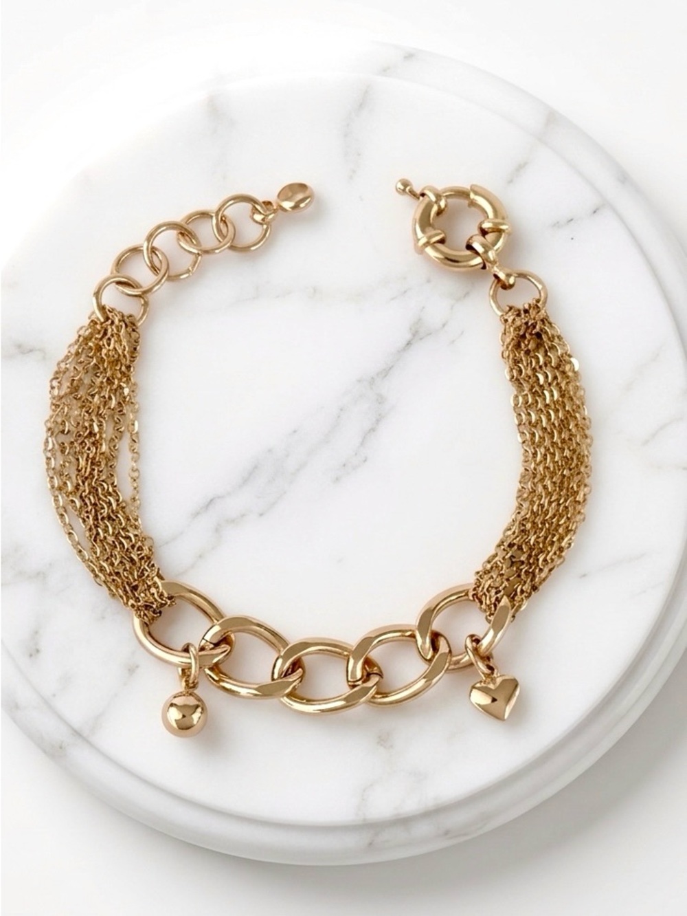 18K Gold Plated Multi-Chain Statement Bracelet with Heart & Ball Charms